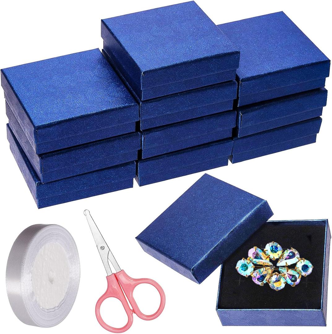 Swpeet 12Pcs Royal Blue 3.53.51 Inch Cardboard Jewelry Gift Boxes with Scissors and Polyester Ribbon, Necklace Earring Bracelet Boxes Gift Case Ideal for Jewelry Storage Packaging Display