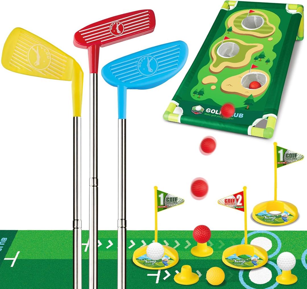 Liberry Toddler Golf Set for 3 4 5 Years Old Boys Girls, Retractable Kids Golf Club Set with Golf Cornhole Board, Putting Mat, Outdoor Indoor Sports Toy Birthday Gift