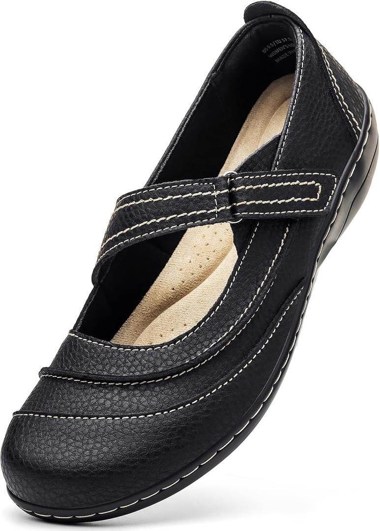 TALENAVA Women's Comfortable & Lightweight Leather Mary Jane Flats Versatile Business Casual Dress Shoes Work Office Cute Stylish Everyday Walking Shoes (9, Black)