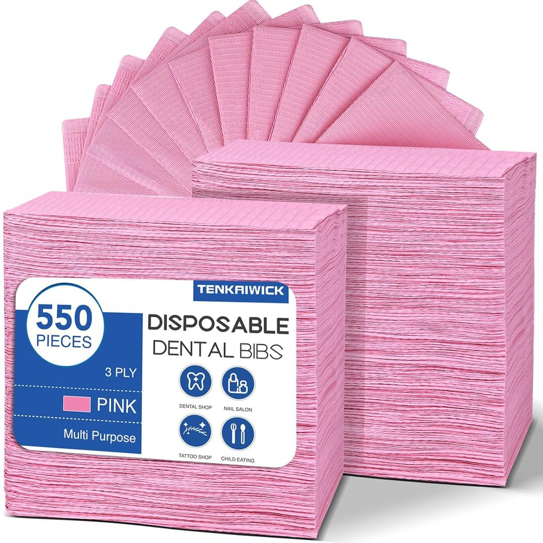 550 Pack Disposable Dental Bibs 13"x18", 3-Ply Waterproof Tattoo Bibs Sheet for Nail Salon, Dental Clinic, Feeding, Tattoo Shop (Pink)
