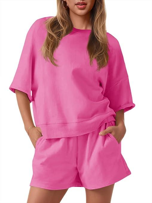 Fisoew Womens 2 Piece Outfits Casual Oversized Cropped Sweatshirt and High Waist Running Shorts Tracksuit Sets Small