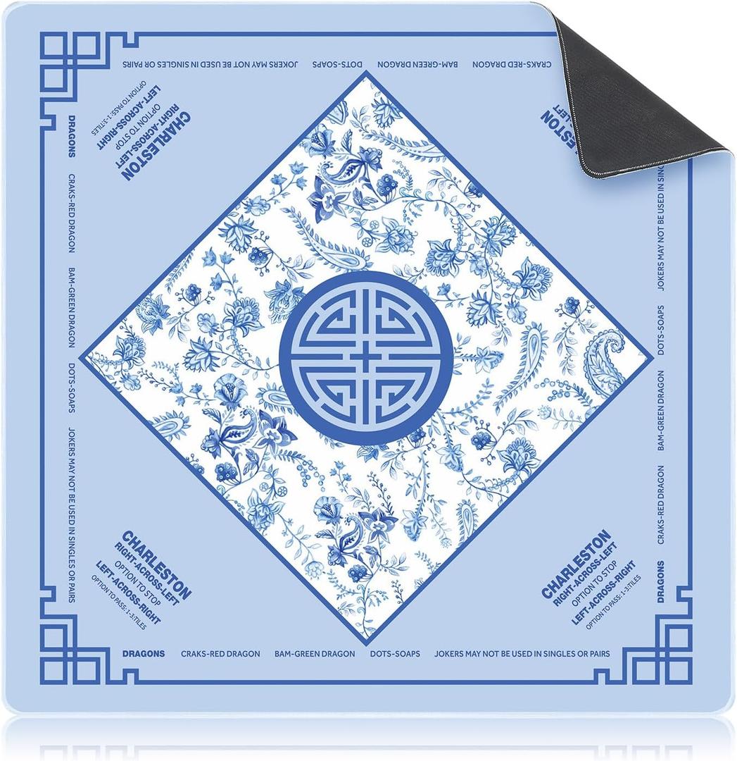 Mahjong Mat with Rules Non-Slip Noise Reduction Chinoiserie Gaming Mat Multi Purpose Game Table Cover for Mahjong Card Board Tile Games(Blue,32 x 32 Inch)