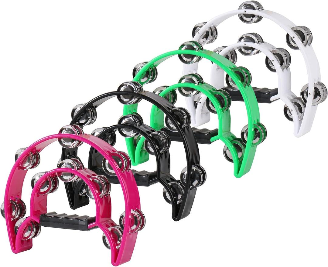 4 Pack Tambourine for Adults, Handheld Tambourine with Metal Jingles, Tamborines Musical Instrument, Half Moon Percussion Tambourines, Double Row Tambourine for Church, Party, KTV