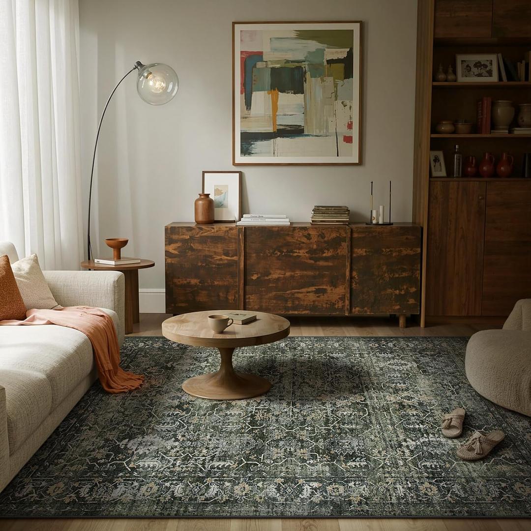 Lahome Margot Boho Green 8x10 Area Rugs Living Room Rugs,Washable Bedroom Rug 8x10 Under Bed,Distressed Soft Non Slip Low Pile Indoor Dining Room Rug for Home Office Playroom(8'x10',Green)