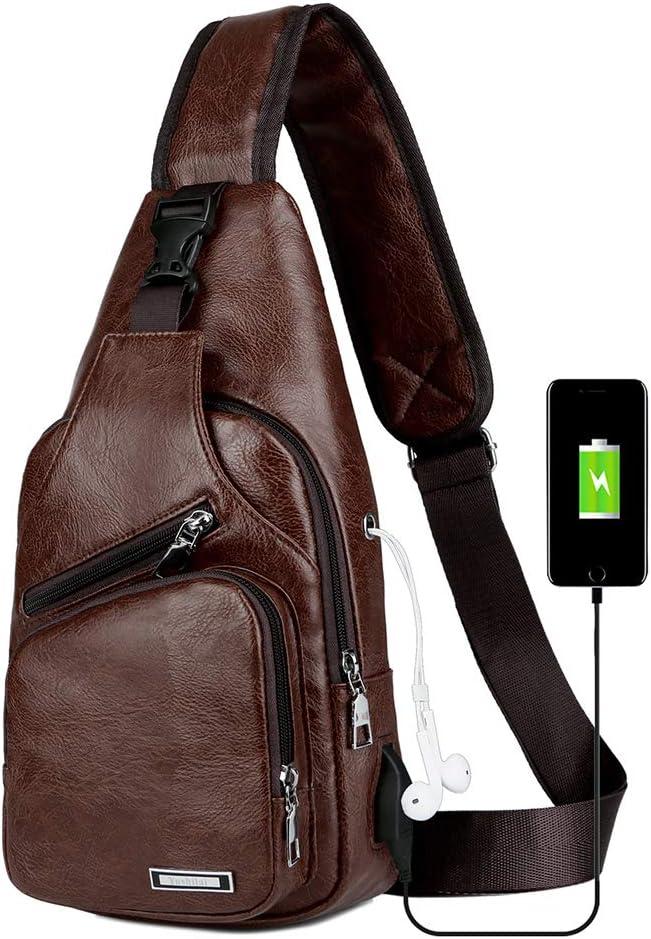 Peicees Leather Sling Bag Mens Crossbody Bag Chest Bag Sling Backpack for Men with USB Charge Port (Medium, Dark Brown)