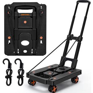 Folding Hand Truck, Dolly Cart with 4 Wheels & 2 Elastic Ropes, Adjustable Handle Foldable Dolly, Lightweight Portable Hand Cart for Luggage, Travel, Shopping, Moving, Airport, Office