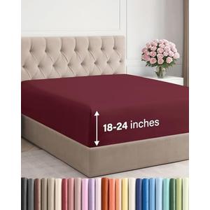 Extra Deep King Fitted Sheet - Hotel Luxury Single Fitted Sheet Only - Easily Fits 18 inch to 24 inch Mattress - Ultra Soft, Wrinkle & Fade Free w/Extra Deep Pockets - Breathable & Comfy - Burgundy