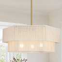 19.7" Hand Woven Rattan Drum Chandelier,Adjustable Boho Pendant Light,Modern Gold Coastal Pendant Light for Kitchen Island, Dining Room,Living Room,Bedroom, Foyer,White,UL Listed,E26 Socket