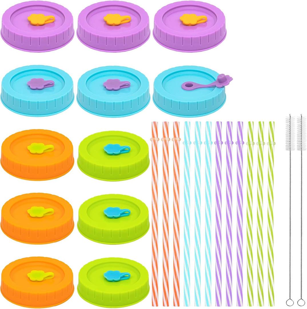 REGULAR Mouth Mason Jar Lids for Ball, Kerr, etc with Straw Hole/Straws/Silicone Stoppers/Rings/Clean Brush, BPA Free Colored Plastic Canning Jar Drinking Lids & Food Storage Caps 26 Pack (Sunrise)