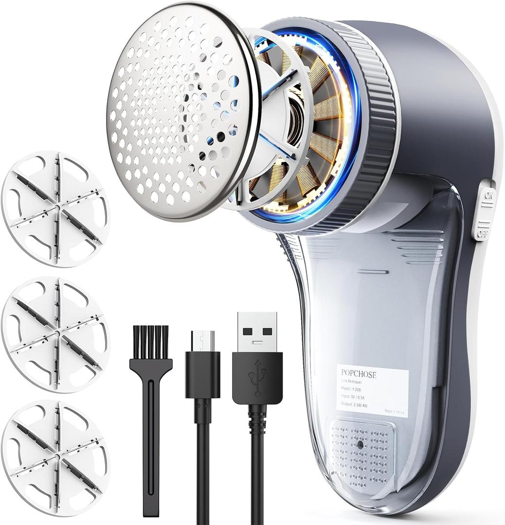 POPCHOSE Fabric Shaver, Lint Remover for Clothes, Electric Lint Shaver with 6-leaf Blades, Sweater Shavers to Remove Pilling for Clothing, Couch, Furniture, Fuzz, Lint Ball, Pillings, USB Rechargeable (Grayish White)