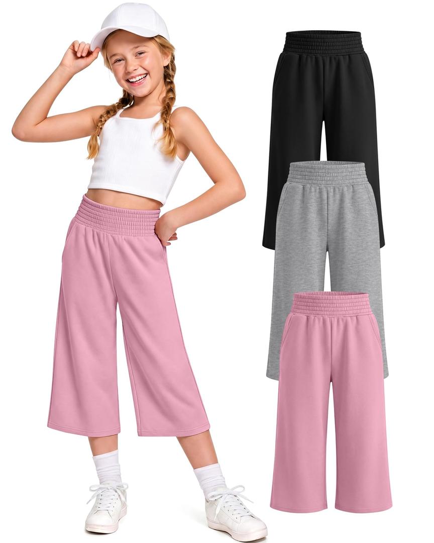 YooAurvox 3 Pack Girls Capri Pants with Pockets,Wide Leg Cropped Casual Pants with Elastic Waist for Little & Big Girls 5-14(Pink, Light Heather Gray, Black,9-10 Years)