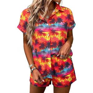 ALLTB Women's 2 Piece Outfits Hawaiian Tropical Print Open Front Button Down Short Sleeve Shirts Beach Boho Style Shorts Set (Orange, M)