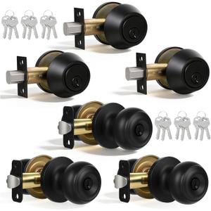 Keyed Alike Exterior Door Knob and Deadbolt Set, 3 Sets Entry Door Knob and Single Cylinder Deadbolt Combo Set with Locks and Keys, Security for Entrance and Front Doors, Matte Black