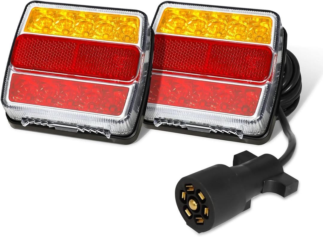 LED Magnetic Trailer Light Kit, 2PCS LED Trailer Light Universal, Direction Indicator Brake License Plate Light, IP68 Waterproof, Adsorbed Magnet, with 24ft Cable 7-pin Plug (Red Amber Lens)