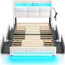 Rolanstar Twin Size Bed Frame with LED Lights and Charging Station, Upholstered Bed Storage Headboard & Drawers, Heavy Duty Wood Slats, Easy Assembly, White
