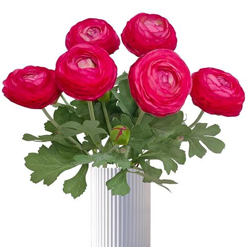 ATFL Rose red Ranunculus Artificial Flowers,6 Pcs Artificial Faux Silk Ranunculus Flowers with Real Touch Stems,Fake Peony Flowers for Floral Arrangements DIY Wedding Bouquet Party Table Home Decor