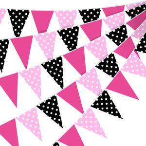 Faccito 60 Pcs Mouse Color Banner Decorations 49 ft Rose Hot Pink and Black Pennant Flag Banner Mouse Theme Paper Triangle Bunting Decor for Outdoor Garden Birthday Wedding Party Supplies