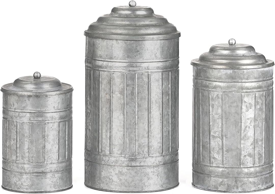 Decorative Metal Storage Jars, Set of 3 Galvanized Farmhouse Canisters with Lid, Vintage Tin Canister for the Kitchen Living Room Home Decor