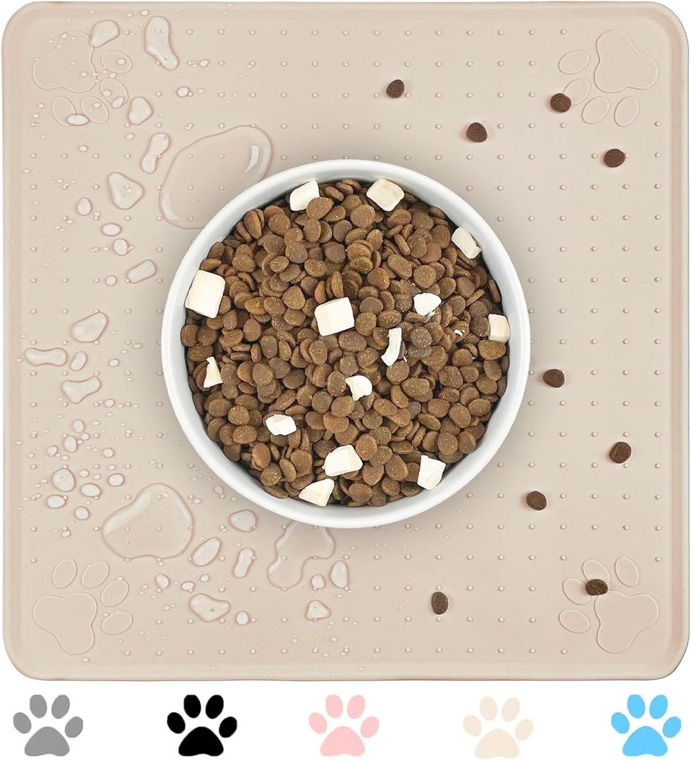 Pet Placemat for Dog and Cat, Waterproof Non-Slip Dogs Bowl Mat Prevent Food and Water Overflow, Puppy Dish Feeding Mats Suitable for Medium and Small Pets, Silicone (13" *13",Beige)