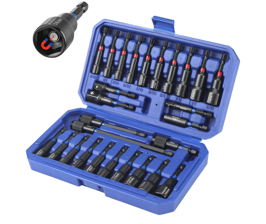 WORKPRO 27 PCS Magnetic Nut Driver Set, Impact Drill Driver Bit 1/4" Hex Shank, SAE & Metric Cr-V Steel Power Nut Drivers with Quick-release Extensions, Impact Socket Adapters, Bit Holder and Toolbox
