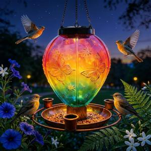 Solar Bird Feeders for Outdoors Hanging, Hot Air Balloon Solar Lantern with Butterfly Pattern, Outdoor Waterproof Decorative Bird Feeder for Garden Yard Balcony, Garden Gifts for Women