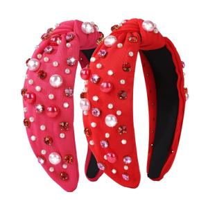 2 x 2 Pack Valentine's Day Headband for Women Pearl Rhinestone Crystal Jeweled Embellished Ladies Wide Top Knot Pink Red Makeup Hair Hoop Accessory Holiday Party Costume Decor Prezzie
