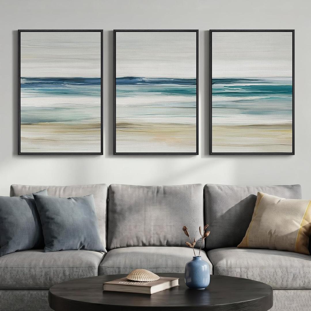 Framed Abstract Coastal Wall Art for Living Room, 3 Piece Blue Beach Landscape Canvas Artwork for Walls, Large Minimalist Ocean Seascape Painting Prints for Bedroom Hallway Wall Art Decor, 20x30 Inch