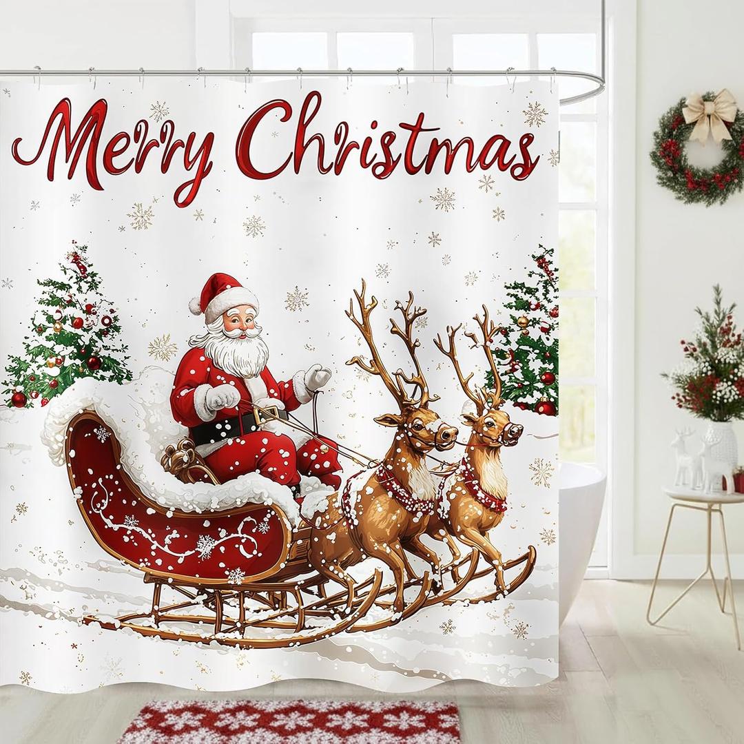 Merry Christmas Shower Curtain Santa Claus Sleigh Reindeer Xmas Tree Snowflake Winter Holiday Bathroom Curtains Waterproof Polyester Fabric Bath Curtain 72 x 72 Inch with 12 Hooks