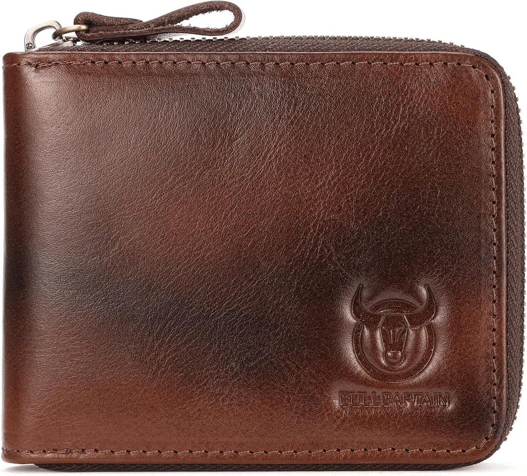 BULLCAPTAIN Mens Genuine Leather Zipper Wallet RFID Blocking Bifold Secure Zip Around Wallets Multi Credit Card Holder Purse (Handmade coffee)