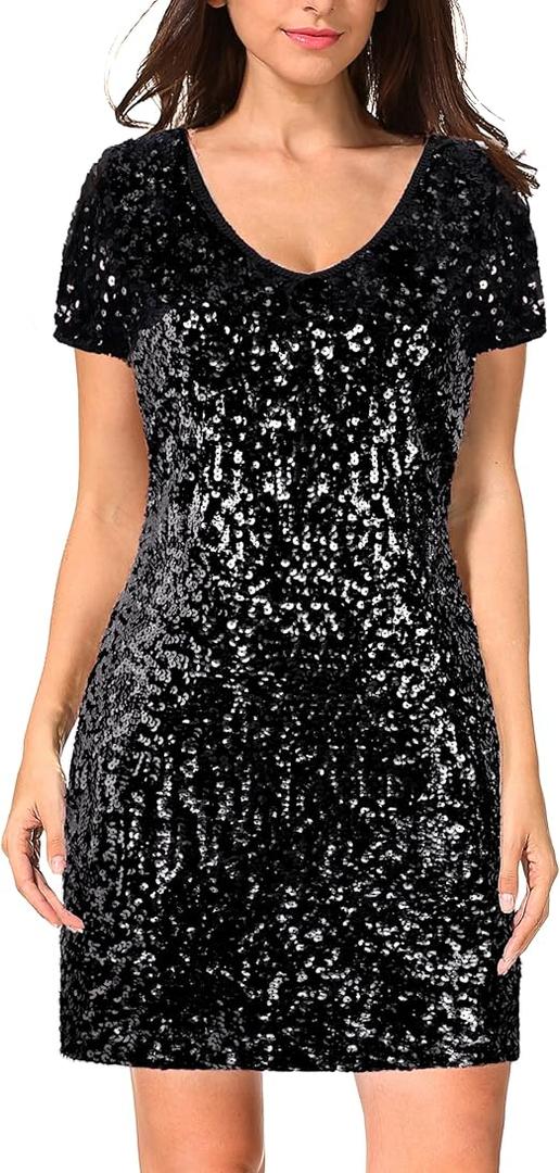 Women's Sequin Glitter Short Sleeve Dress Sexy V Neck Mini Party Club Bodycon Dresses XL