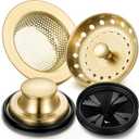 4 Pcs Light Gold Kitchen Sink Accessories Garbage Disposal Splash Guards 3.4'' Sink Drain Strainer and Stopper Stainless Steel Garbage Disposal Plug for Kitchen Drain Strainer