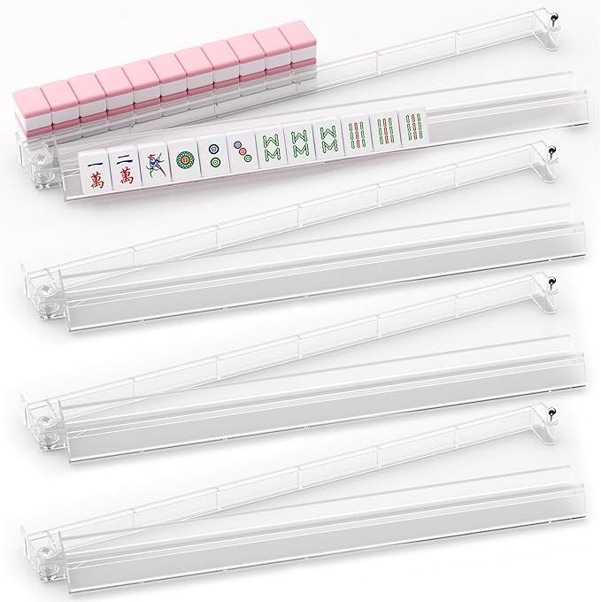 YOAEAILY Mahjong Racks with Pushers Set of 4, All in One Acrylic Mahjong Pushers and Racks, Portable American Mahjong Accessories
