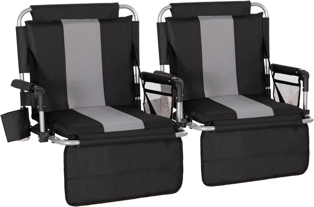 LET'S CAMP Folding Stadium Seat Bleacher Chair with Cup Holder, Mesh Bag and Hide Hooks, Portable Stadium Chair with Back and Cushion (Black Grey - 2 Pcs)