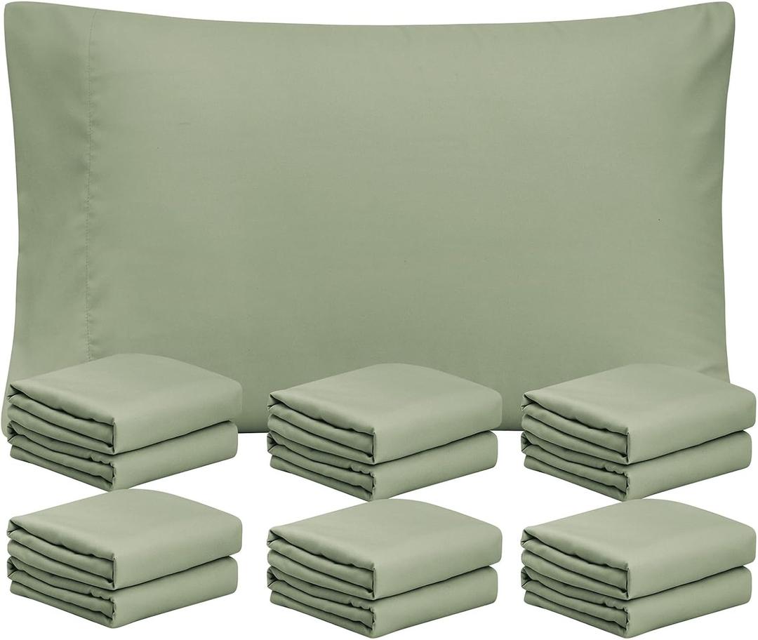 FreshCulture Spa Blue Pillowcases Queen Size 12 Pack - Bulk Pillowcase Set - Envelope Closure - Soft Brushed Microfiber Fabric - 20x30 Inches Pillow Case Set of 12 for Home, Hotels, Schools, Color: Sage Green