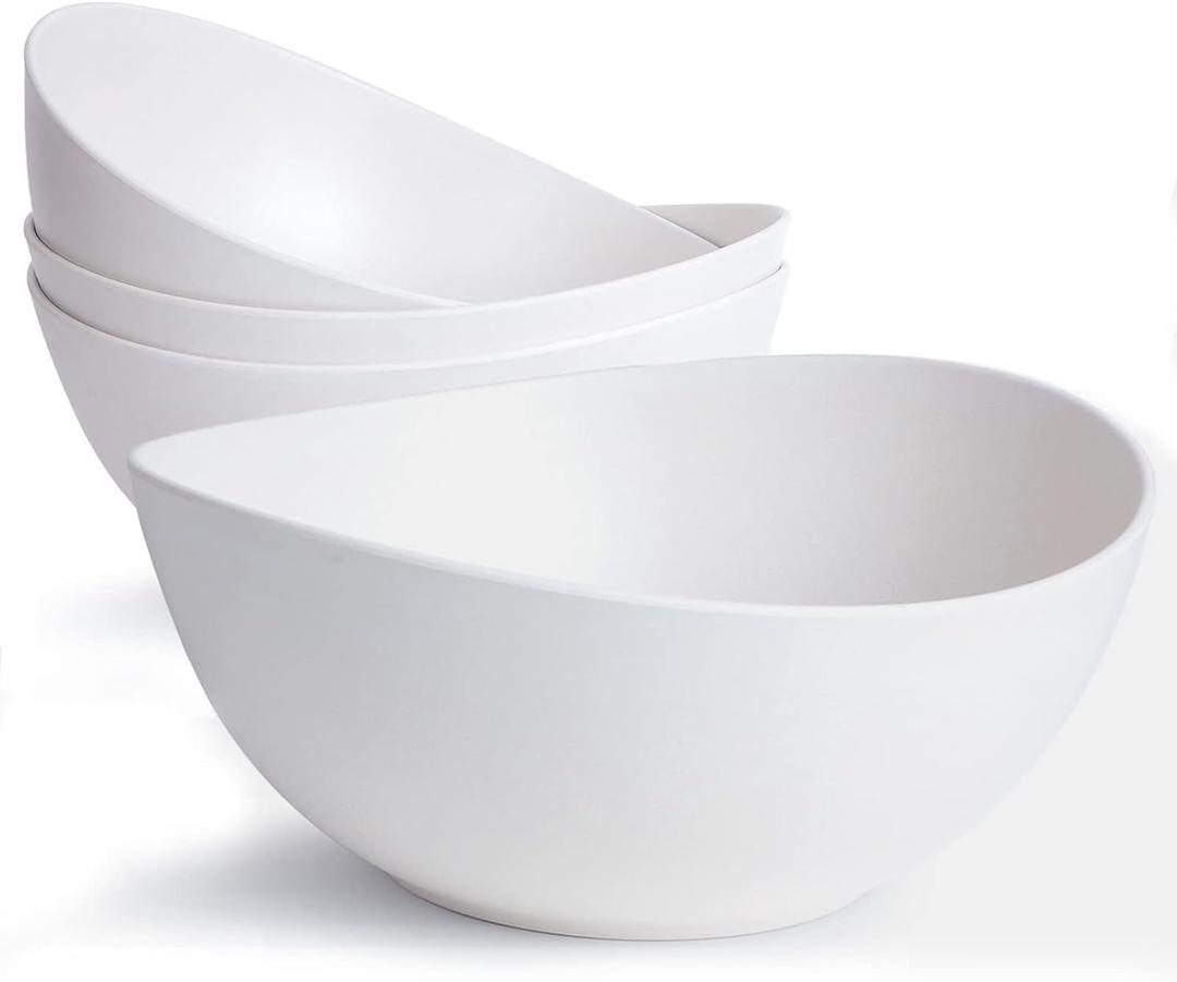 9.6'' Serving Bowls, 84oz Bamboo Fiber Salad Bowl Set of 4, Deep Serving Bowls Set, Large Oval Individual Bowls for Eating Salad/Pasta/Cereal/Pho, Ideal for Home & Restaurant (Matte White)