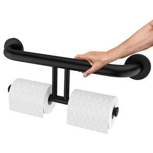Black Handicap Grab Bar w/Toilet Paper Roll Holder, Zepolu 2-in-1 Safety Assist Bar Balanced Support Handle 17 Inch, Stainless Steel Wall Mounted Bathroom Toilet Grab Bar for Senior Elderly Disabled