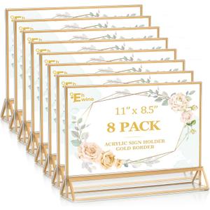 EHWINE 8 Pack Acrylic Sign Holder 8.5 x 11 Horizontal, Double-Sided Stand up Table Top Sign Holders, Gold Acrylic Picture Frame Menu Flyer Paper Holder Display Stand for Office Business Store Wedding Party