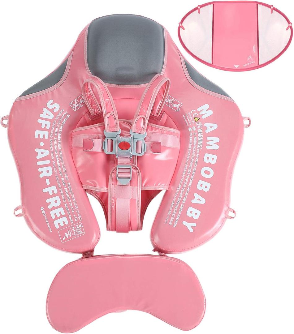 Mambobaby Float Add Tail Baby Swim Float with Canopy Solid Pool Infant Swim Trainer Swimming Training Lying Air Free Water Floats Non-Inflatable Waist Swim Ring for Toddlers (Flamingo)