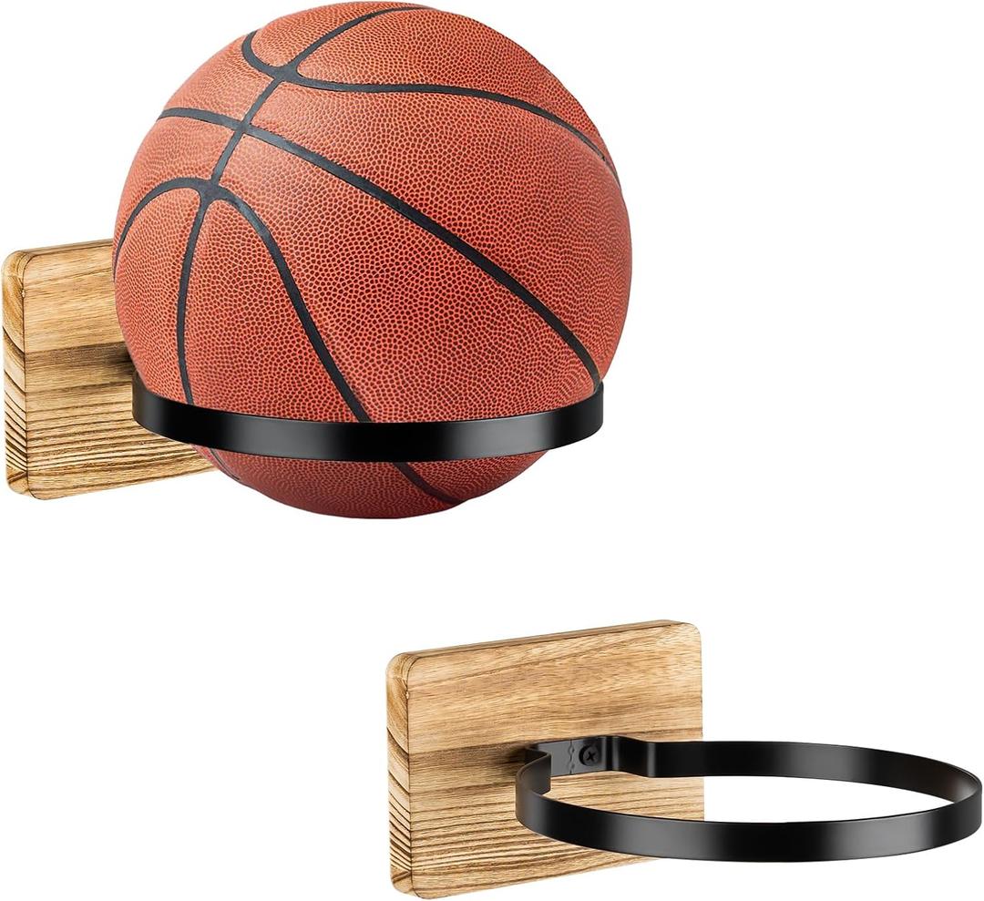 Wall Mount Ball Holder - Wood Display Stand for Basketball Football Soccer Volleyball Storage | Multi-Sport Rack & Boys Room Decor Organizer