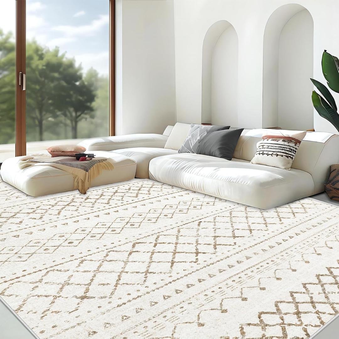 Area Rug for Living Room 9x12: Large Washable Boho Moroccan Rugs Geometric Neutral Rug, Non-Slip Foldable Morden Farmhouse Indoor Floor Carpet for Bedroom Dining Table HomeBrown,9X12