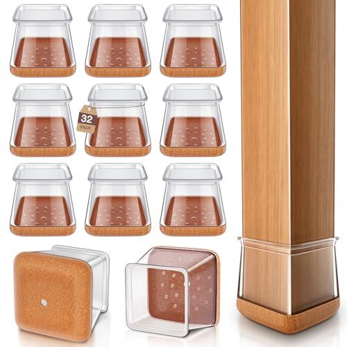 Chair Leg Floor Protectors Chair Leg Protectors for Hardwood Floors Silicone Caps Felt Strengthen Bottom Protection Anti-Scratch Reduce Noise 32 Pack Clear Square XL Fit:1-1/2" to 1-3/4" (38-44mm)