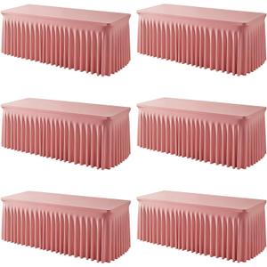 6 Pack Dusty Rose Spandex Fitted Tablecloth 8 Foot - Stretch Table Clothes for 8 FT Rectangle Table, Washable Ruffles Elastic for Weddings, Buffet, Banquet, Trade Craft Show, Party Celebration