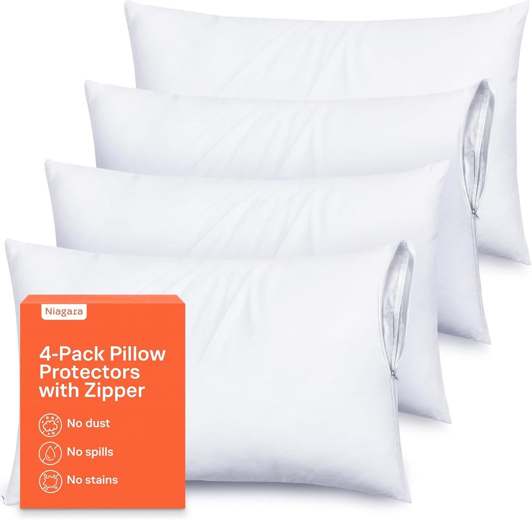 Ultra Soft Pillow Protectors with Zipper Standard Size - Set of 4 Breathable Pillow Covers - 100% Protection Against Stains, Dust & Dirt - Machine Washable (White)