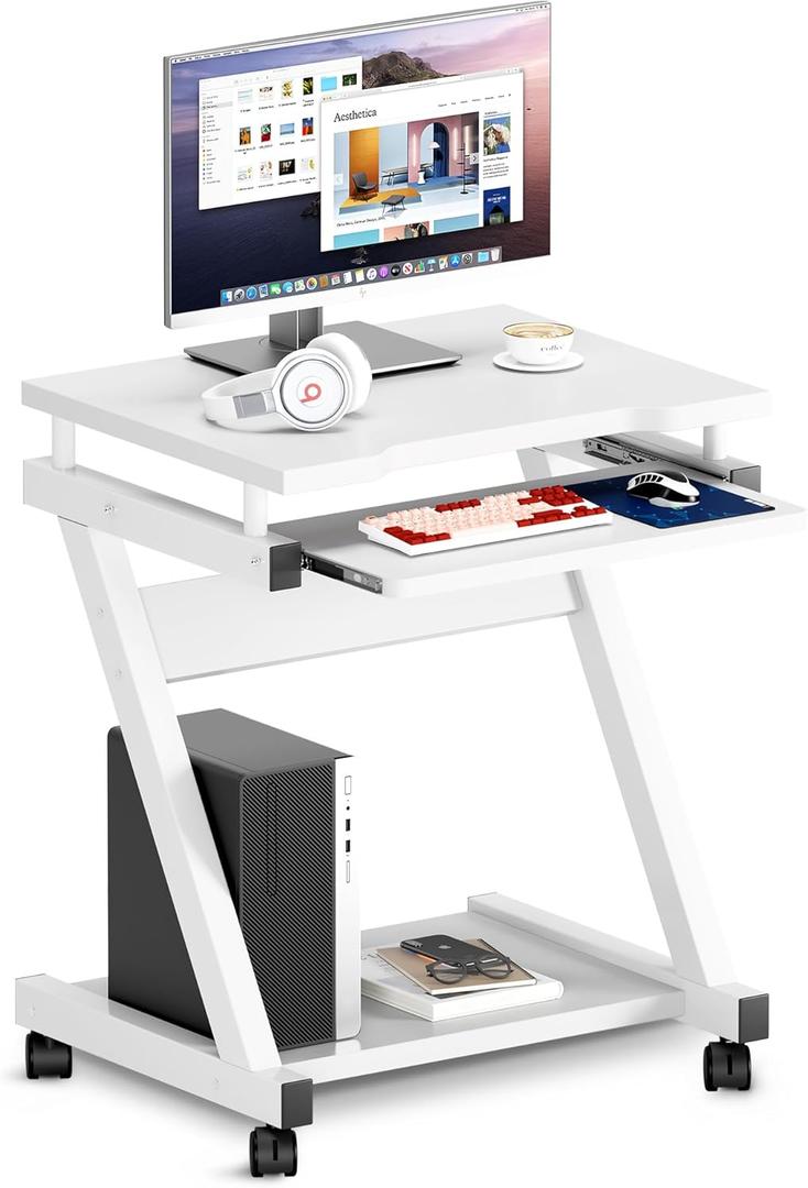 sogesfurniture Mobile Compact Computer Desk Cart for Small Spaces, Portable Computer Desk, Small Rolling Work Workstation for Home and Office with Printer Shelf, Keyboard Drawers,White