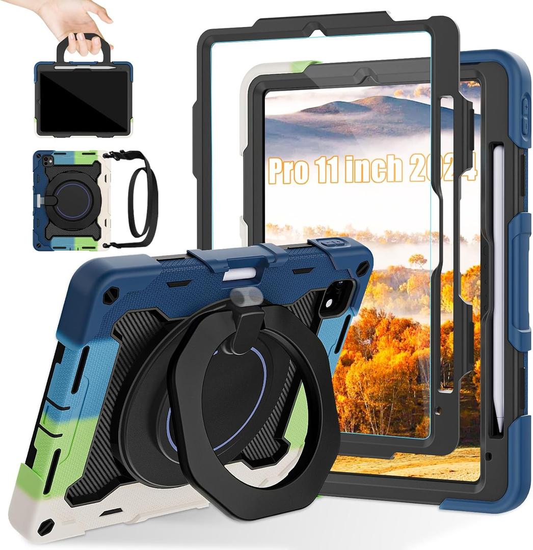 ROISKIN for iPad Pro 11 inch Case (M5/M4 (2025/2024)), Pro 11'' 6th/5th Gen -with HD Screen Protector, 360 Kickstand/Handle, Shoulder Strap, Pen Holder, Heavy Duty Military Grade - Kids Friendly (Black+Blue)