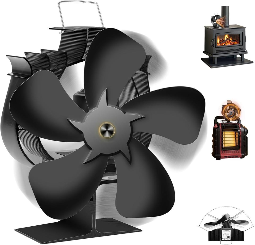 Upgraded Heat Powered Wood Stove Fan, 60Left-Right Rotation for Fast Heating- Suitable for Wood Stove/Fireplace Fan and Buddy-style Heaters/Gas Stove-Two Ways Install with Thermometer, Black