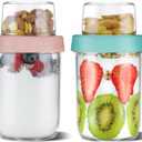 4oz 16 oz Glass Overnight Oats Containers with Lids 2Pack, Yogurt Parfait Cups with Dry and Wet Separation, Breakfast Prep Bowl for Cereal Nut Fruit Meal, To Take Along Oatmeal Salad Smoothie Snack (PINK*1/GREEN*1)