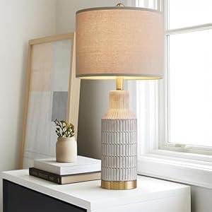 25" Modern 3-Way Dimmable Touch Control with USB A+C Ceramic Lamps S Table Lamp for Living Room Bedroom Farmhouse Nightstand Bedside Lamps (White-Washed)