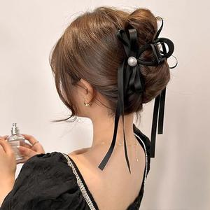 Eviarli Satin Bow Claw Clip Black Hair Bows Long Black Bow Hair Clamps Bowknot Strong Hold Jaw Clip Large Non Slip Hair Clip Fashion Hair Accessories Jewelry for Women and Girls