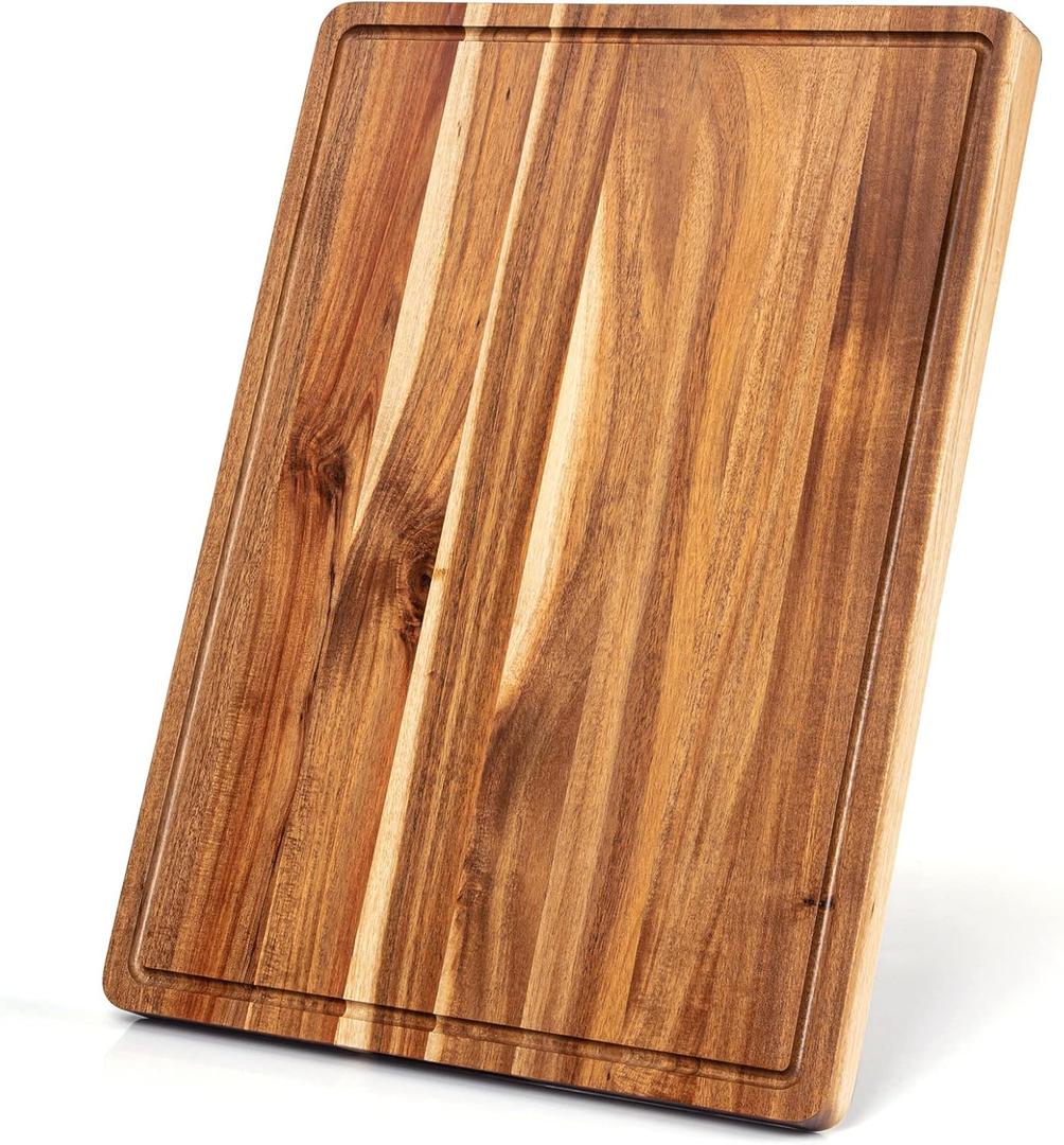 1.5" Thick Acacia Wood Cutting Board, 20" x 15" Chopping Board for Kitchen, with Juice Groove and Handle, Reversible